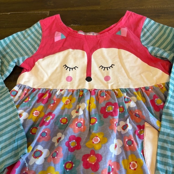 Jelly the Pug Pastel Woodland Fox Dress Long Sleeve Floral Stripe Girls 10 Art - Picture 2 of 6